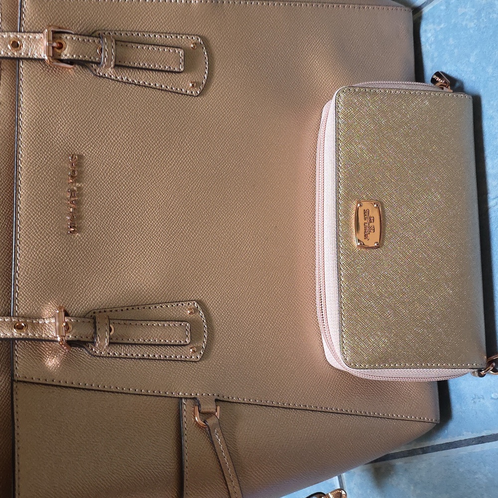 Michael Kors Gold and Tan Tote Bag with Wallet